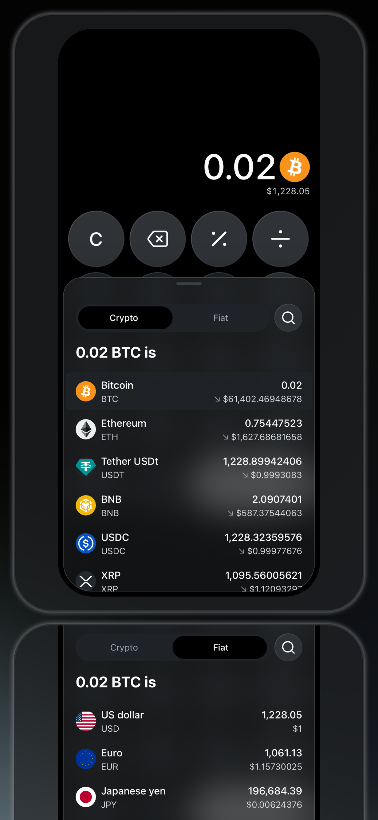Bitcalc — currency conversion results in crypto and fiat