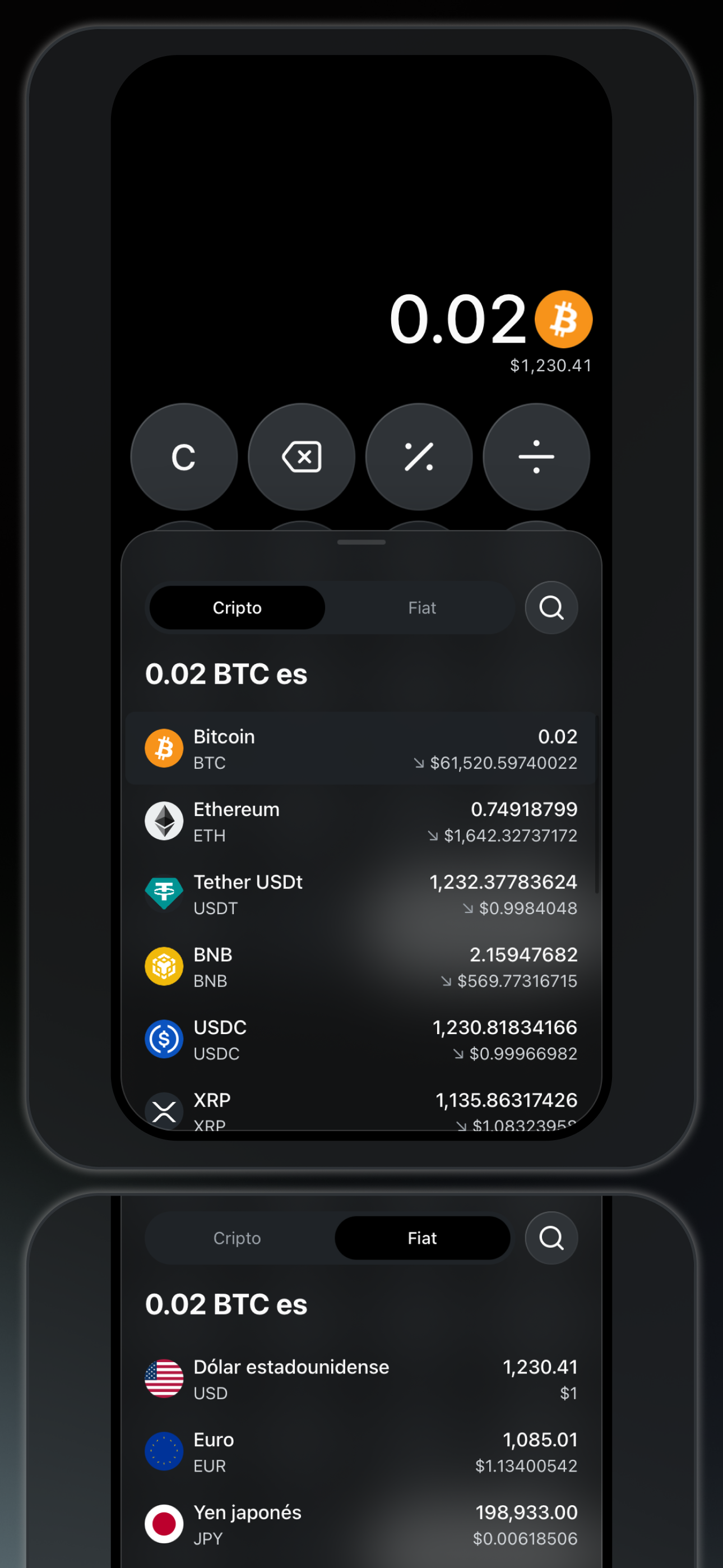 Bitcalc — resultados de conversión entre criptomonedas y dinero fiduciario