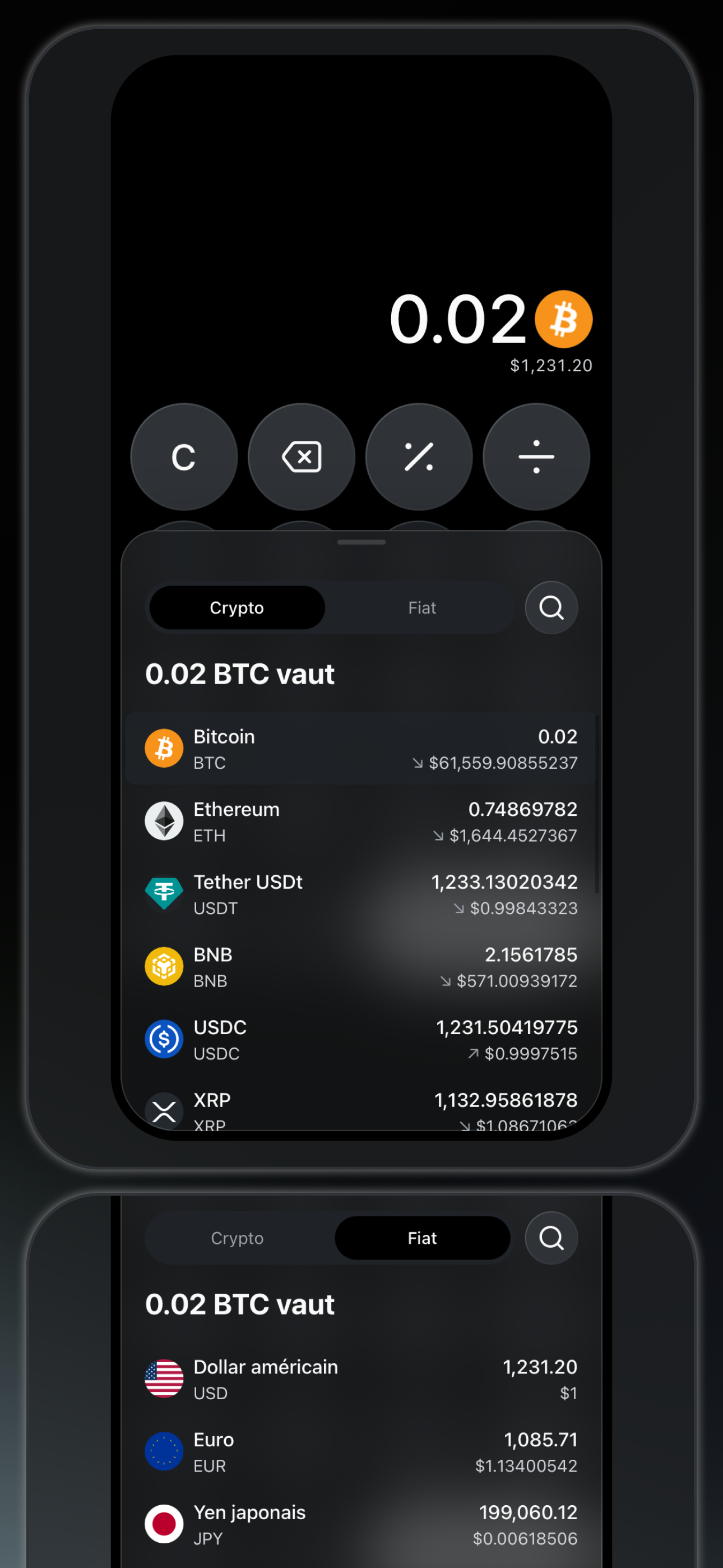 Bitcalc — résultats de conversion crypto et devises