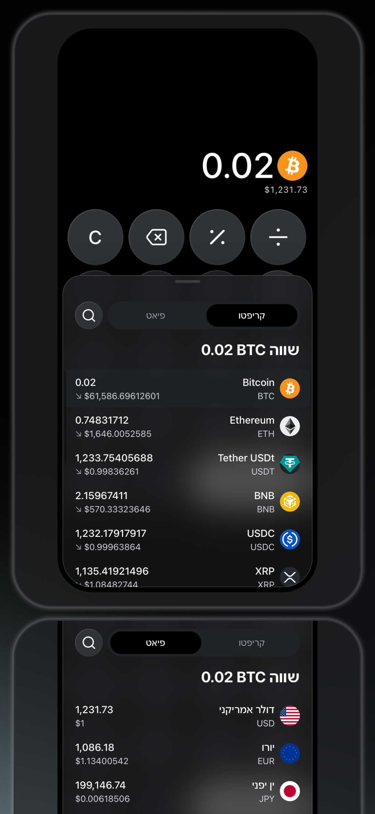 Bitcalc — תוצאות המרה לקריפטו ולמטבעות רגילים