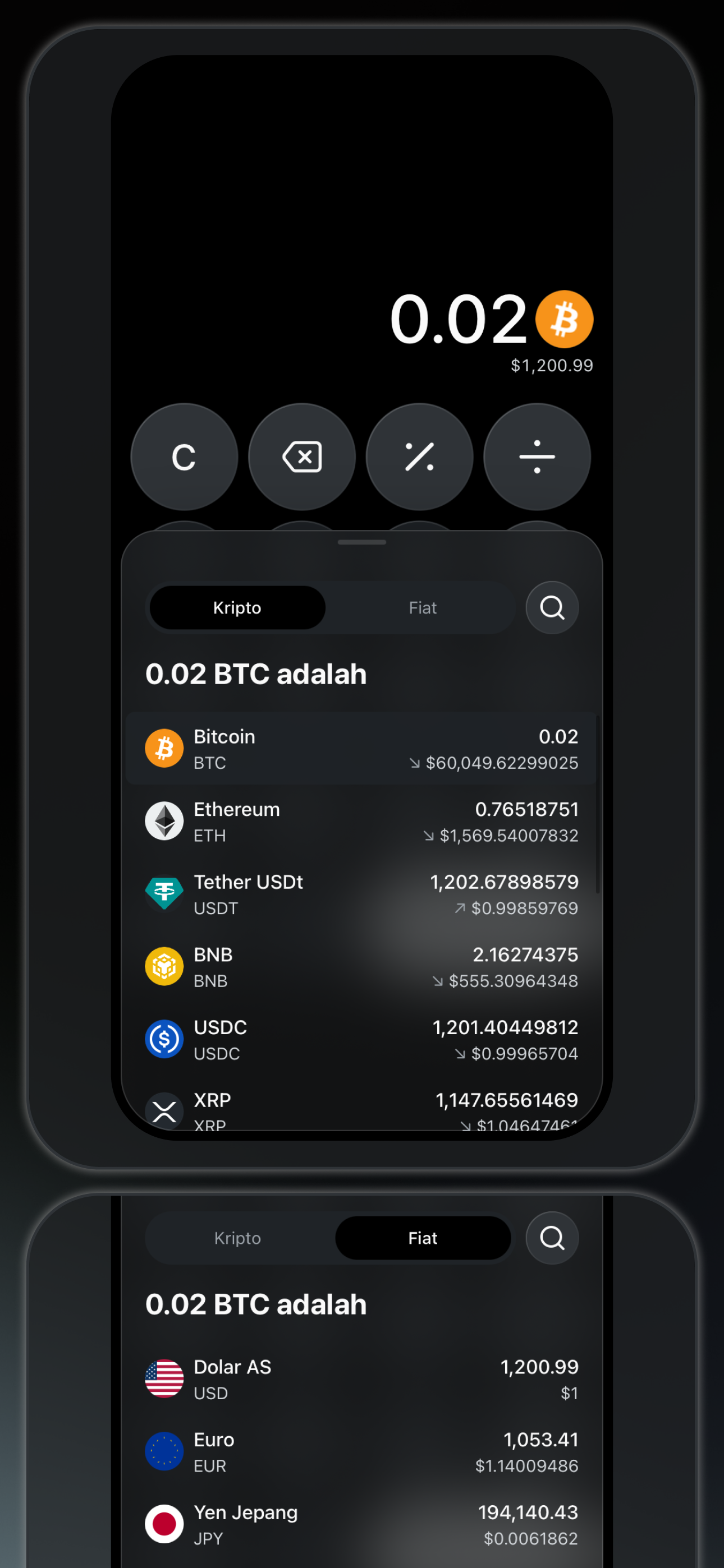 Bitcalc — hasil konversi kripto dan mata uang fiat