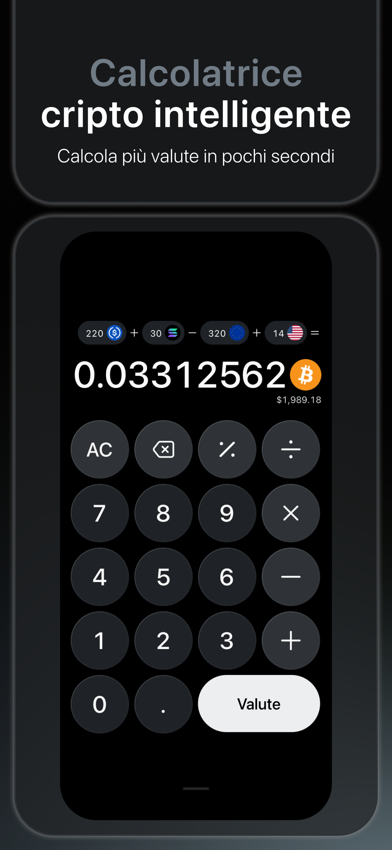 Bitcalc — calcolatrice crypto intelligente, calcola più valute insieme