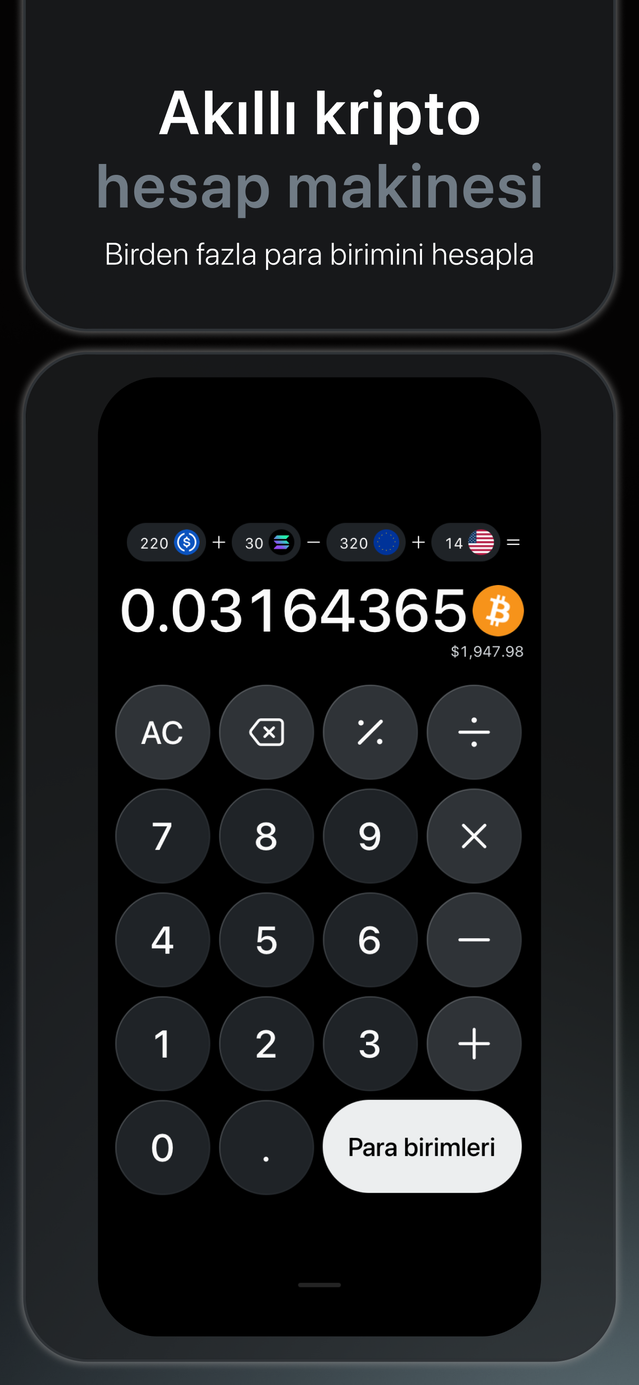 Bitcalc — akıllı kripto hesaplayıcı, birden fazla para birimini birlikte hesaplayın