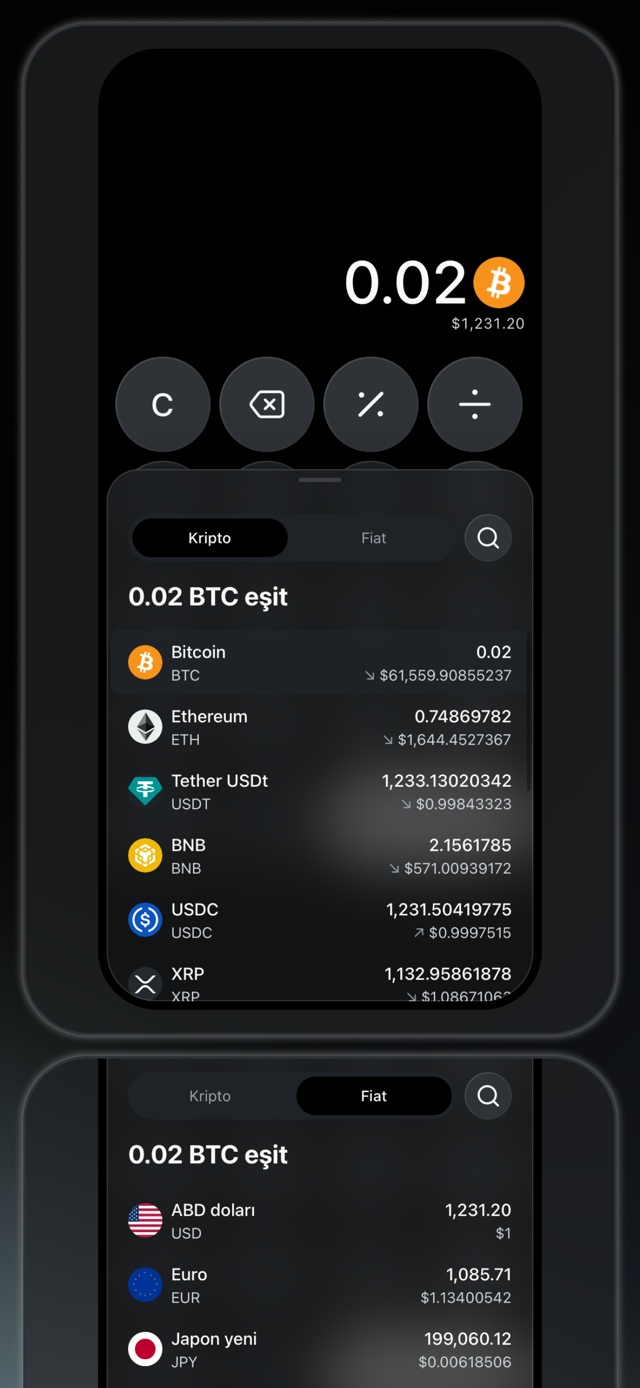 Bitcalc — kripto ve itibari para dönüşüm sonuçları