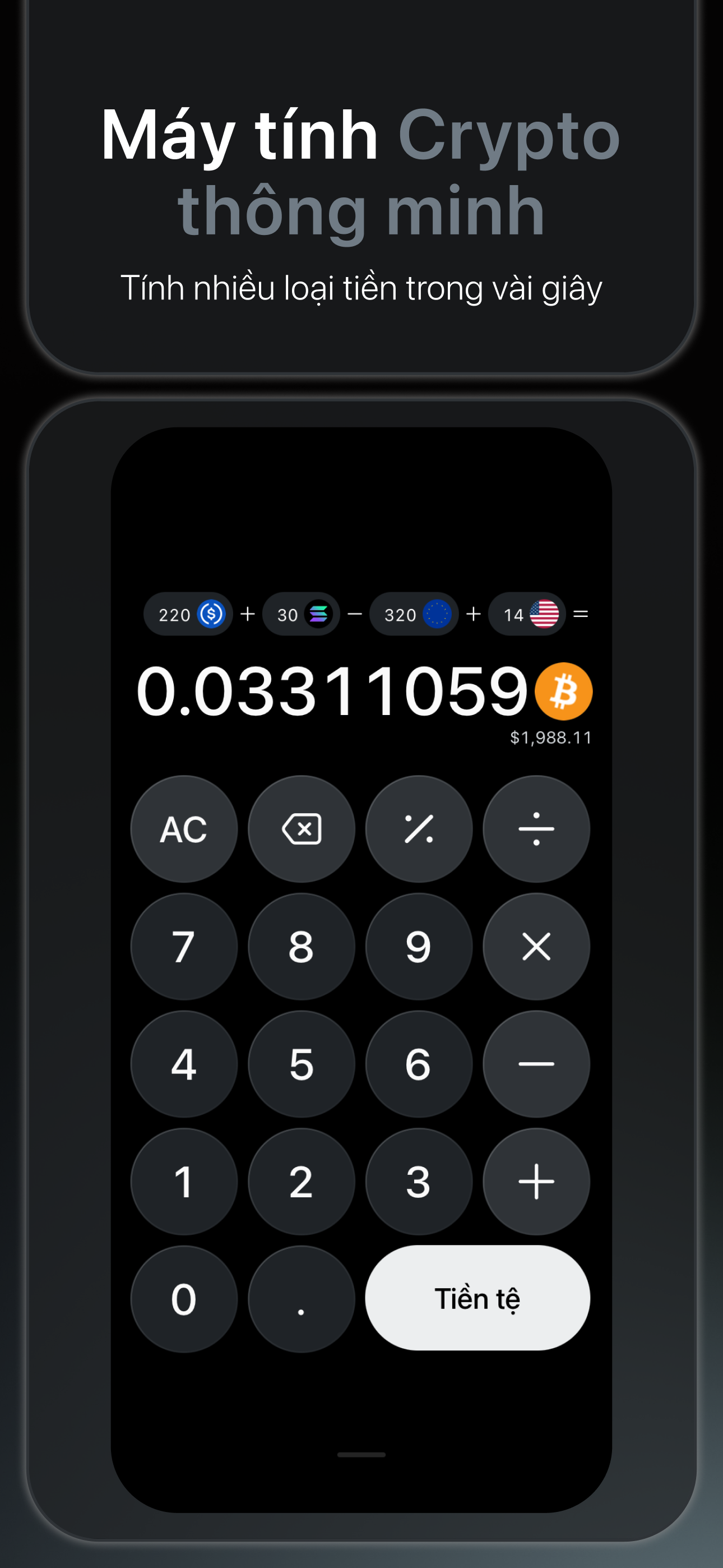 Bitcalc — máy tính crypto thông minh, tính nhiều loại tiền trong một phép tính