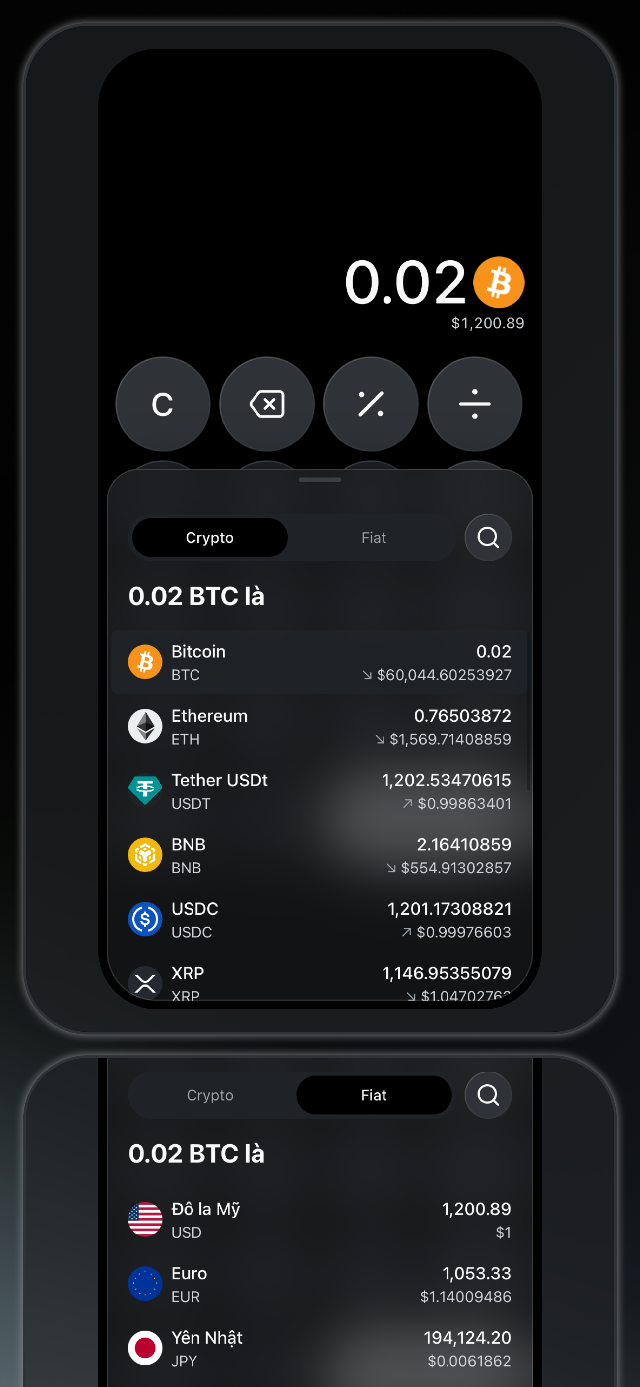 Bitcalc — kết quả chuyển đổi crypto và tiền pháp định