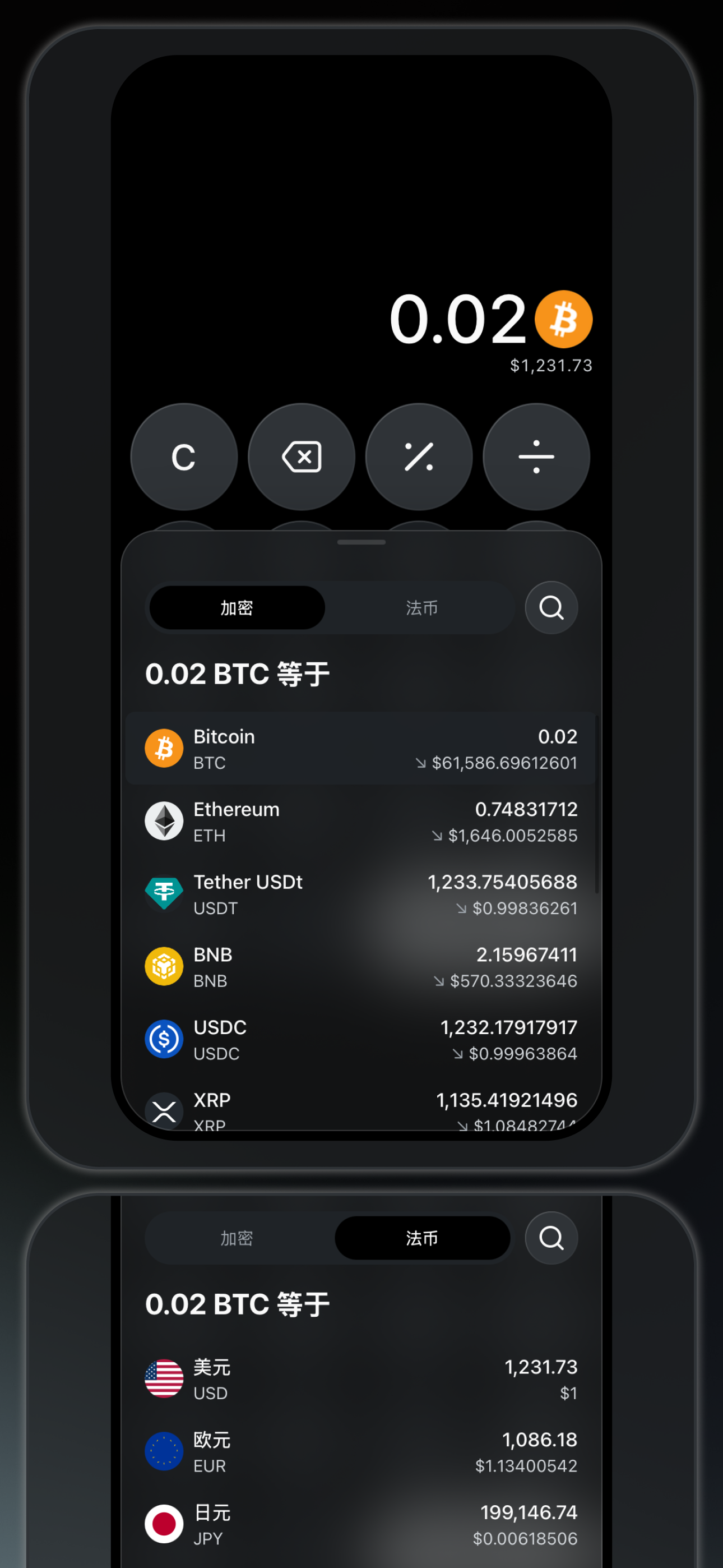 Bitcalc —— 加密货币与法币换算结果